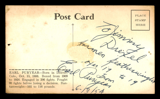 Earl Puryear Autographed 3.5x5.5 Postcard Featherweight Boxer "To Jimmy" Vintage SKU #179774