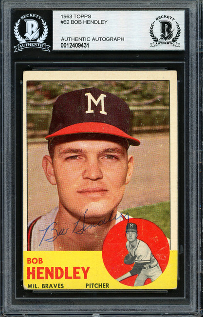 Bob Hendley Autographed 1963 Topps Card #62 Milwaukee Braves Beckett BAS #12409431 Bob Hendley Autographed 1963 Topps Card #62 Milwaukee Braves Beckett BAS #12409431