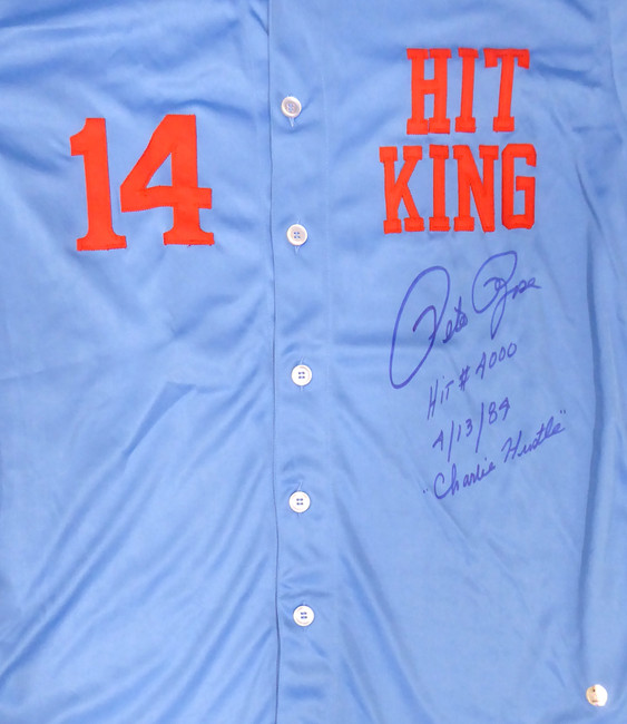 Philadelphia Phillies Pete Rose Autographed Blue Jersey "Hit #4000, 4/13/84 & Charlie Hustle" PR Holo #006987