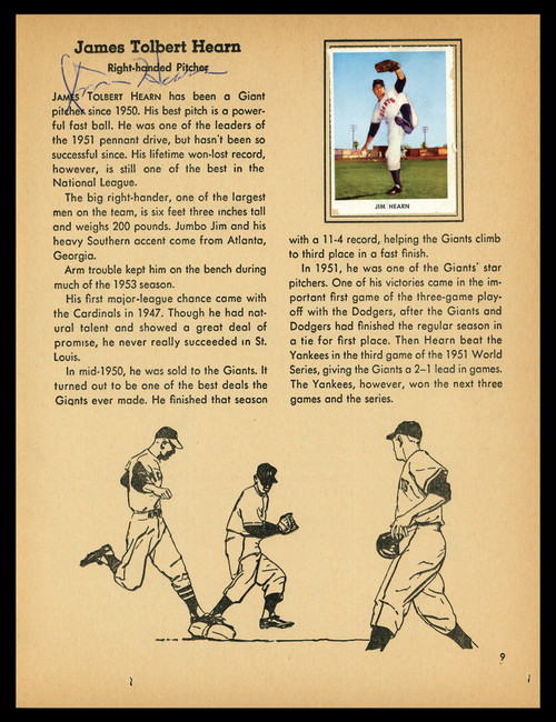 Jim Hearn Autographed 1955 Golden Press 8x11 Book Page New York Giants SKU #182176