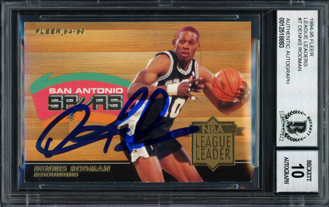 Dennis Rodman Autographed 1994-95 Fleer League Leader Card #7 San Antonio Spurs Auto Grade 10 Beckett BAS #12518893