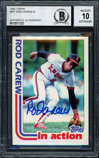Rod Carew Autographed 1982 Topps In Action Card #501 California Angels Auto Grade 10 Beckett BAS Stock #186053