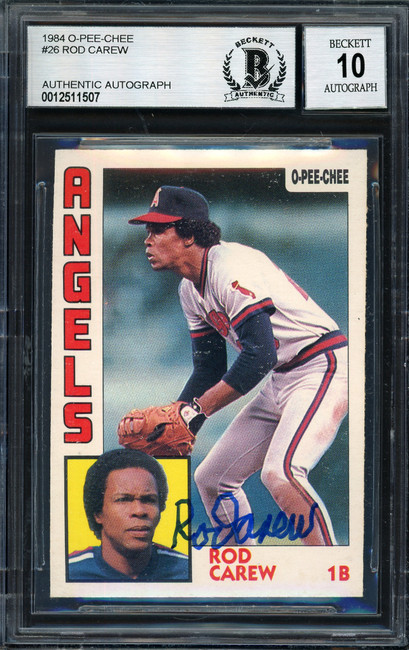 Rod Carew Autographed 1984 O-Pee-Chee Card #26 California Angels Auto Grade 10 Beckett BAS #12511507