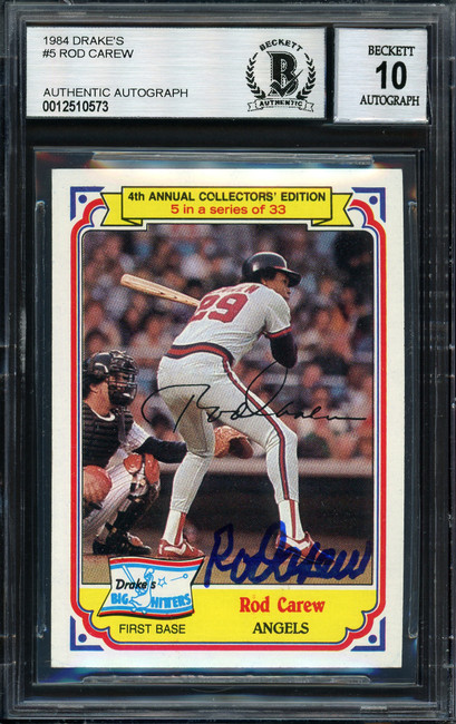 Rod Carew Autographed 1984 Topps Drake's Card #5 California Angels Auto Grade 10 Beckett BAS #12510573