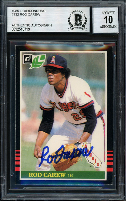 Rod Carew Autographed 1985 Leaf Card #132 California Angels Auto Grade 10 Beckett BAS #12510719