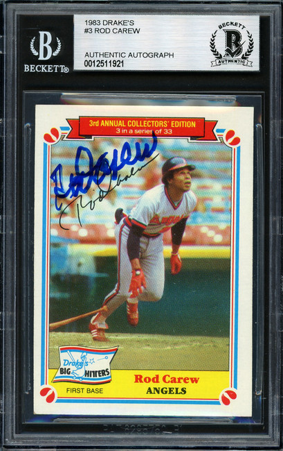Rod Carew Autographed 1983 Topps Drake's Card #3 California Angels Beckett BAS #12511921