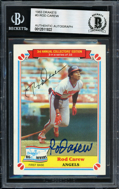 Rod Carew Autographed 1983 Topps Drake's Card #3 California Angels Beckett BAS #12511922