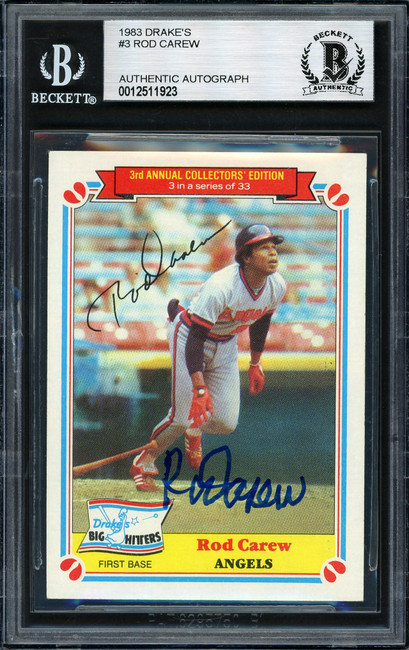 Rod Carew Autographed 1983 Topps Drake's Card #3 California Angels Beckett BAS #12511923