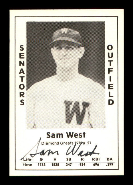 Sam West Autographed 1979 Diamond Greats Card #51 Washington Senators SKU #188673