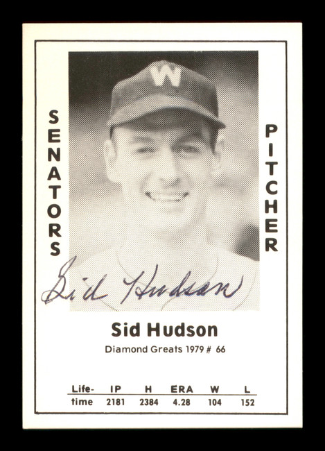 Sid Hudson Autographed 1979 Diamond Greats Card #66 Washington Senators SKU #188690