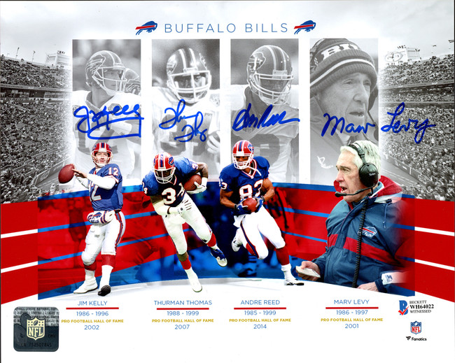 Buffalo Bills Team Greats Autographed 8x10 Photo With 4 Signatures Including Jim Kelly, Thurman Thomas, Andre Reed & Marv Levy Beckett BAS Stock #191971