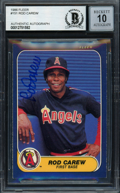 Rod Carew Autographed 1986 Fleer Card #151 California Angels Auto Grade Gem Mint 10 Beckett BAS Stock #192675