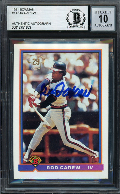 Rod Carew Autographed 1991 Bowman Card #4 California Angels Auto Grade Gem Mint 10 Beckett BAS Stock #192694