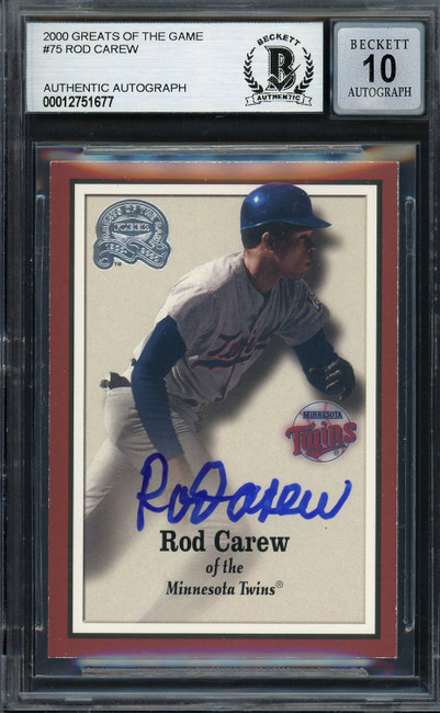 Rod Carew Autographed 2000 Fleer Greats of the Game Card #75 Minnesota Twins Auto Grade Gem Mint 10 Beckett BAS #12751677