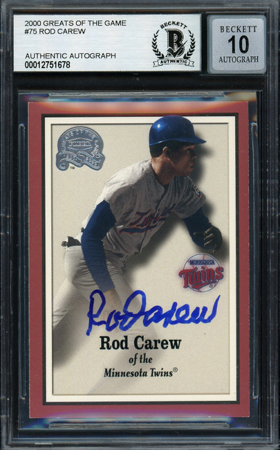 Rod Carew Autographed 2000 Fleer Greats of the Game Card #75 Minnesota Twins Auto Grade Gem Mint 10 Beckett BAS #12751678