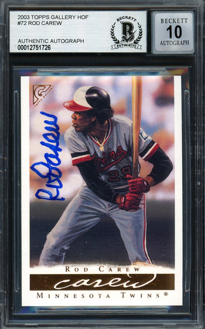 Rod Carew Autographed 2003 Topps Gallery Card #72 Minnesota Twins Auto Grade Gem Mint 10 Beckett BAS Stock #192719