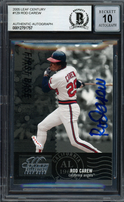 Rod Carew Autographed 2005 Leaf Century Card #129 California Angels Auto Grade Gem Mint 10 Beckett BAS #12751757