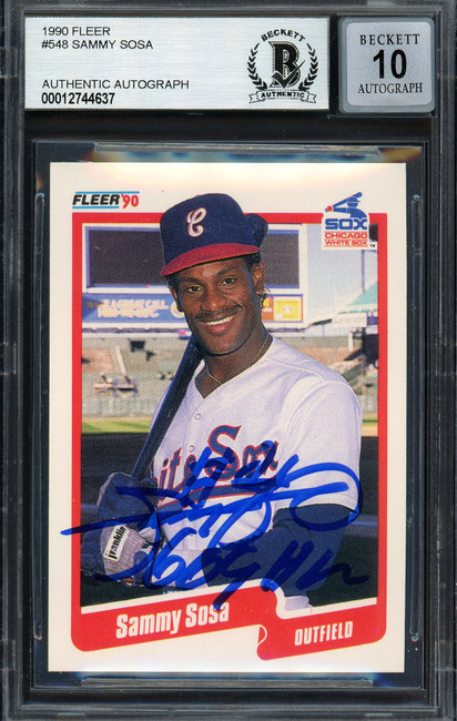 Sammy Sosa Autographed 1990 Fleer Rookie Card #548 Chicago White Sox Auto Grade Gem Mint 10 "609 HR" Beckett BAS Stock #192895