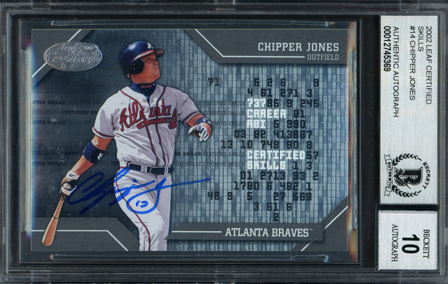 Chipper Jones Autographed 2002 Leaf Certified Skills Card #CS-14 Atlanta Braves Auto Grade Gem Mint 10 Beckett BAS #12745369