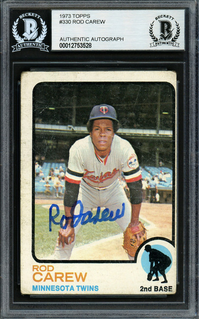 Rod Carew Autographed 1973 Topps Card #330 Minnesota Twins Beckett BAS #12753528