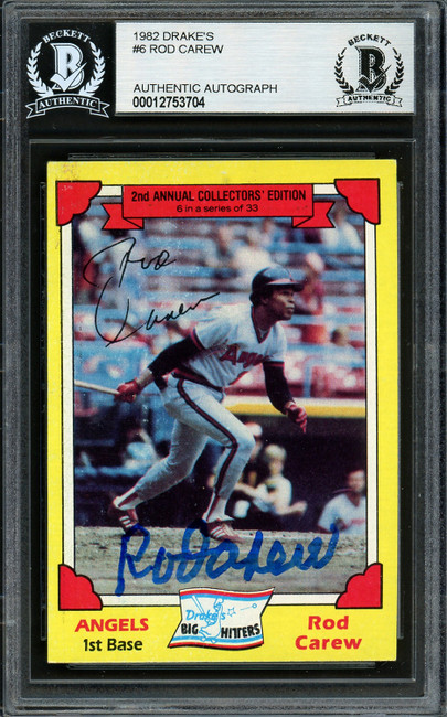 Rod Carew Autographed 1982 Topps Drakes Card #6 California Angels Beckett BAS #12753704