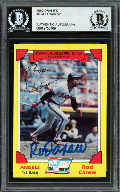 Rod Carew Autographed 1982 Topps Drakes Card #6 California Angels Beckett BAS #12753706