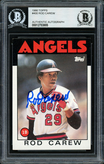 Rod Carew Autographed 1986 Topps Card #400 California Angels Beckett BAS Stock #193251