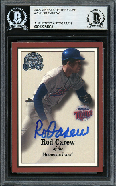 Rod Carew Autographed 2000 Fleer Greats of the Game Card #75 Minnesota Twins Beckett BAS Stock #193277