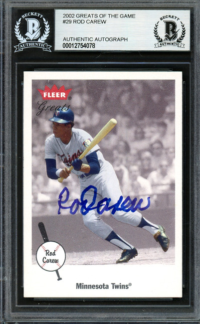 Rod Carew Autographed 2001 Fleer Greats Card #29 Minnesota Twins Beckett BAS #12754078