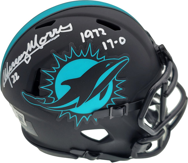Mercury Morris Autographed Miami Dolphins Eclipse Black Speed Mini Helmet "1972 17-0" Beckett BAS QR Stock #194067