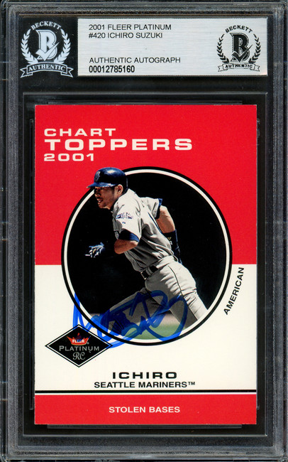 Ichiro Suzuki Autographed 2001 Fleer Platinum Rookie Card #420 Seattle Mariners Beckett BAS #12785160