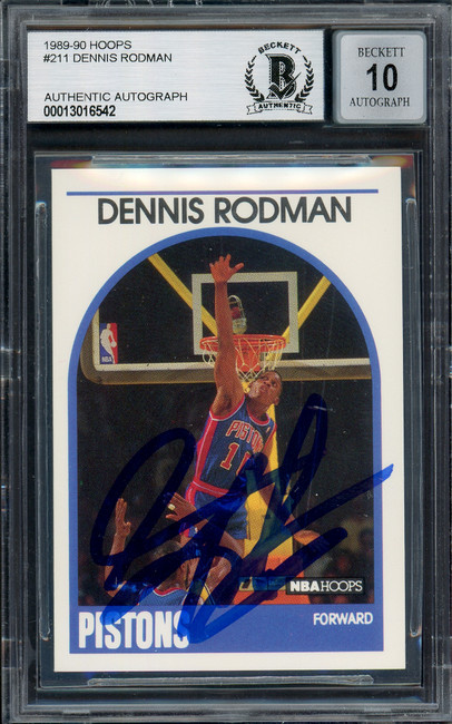 Dennis Rodman Autographed 1989-90 Hoops Card #211 Detroit Pistons Auto Grade Gem Mint 10 Blue Sharpie Beckett BAS Stock #194487