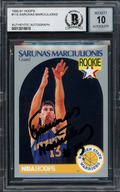 Sarunas Marciulionis Autographed 1990-91 Hoops Rookie Card #115 Golden State Warriors Auto Grade Gem Mint 10 Beckett BAS #13016618