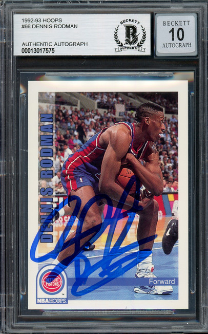 Dennis Rodman Autographed 1992-93 Hoops Card #66 Detroit Pistons Auto Grade Gem Mint 10 Beckett BAS Stock #194557