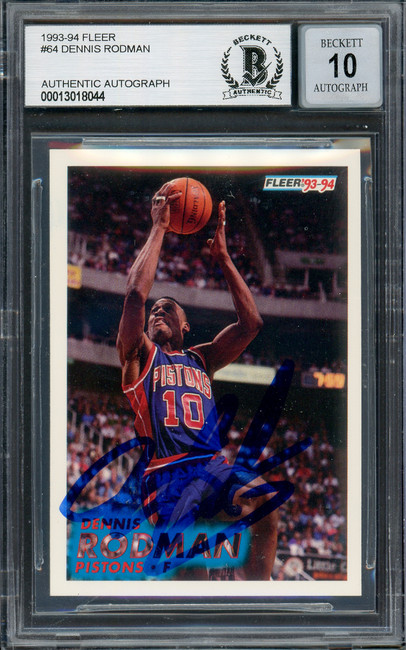 Dennis Rodman Autographed 1993-94 Fleer Card #64 Detroit Pistons Auto Grade Gem Mint 10 Blue Sharpie Beckett BAS Stock #194599