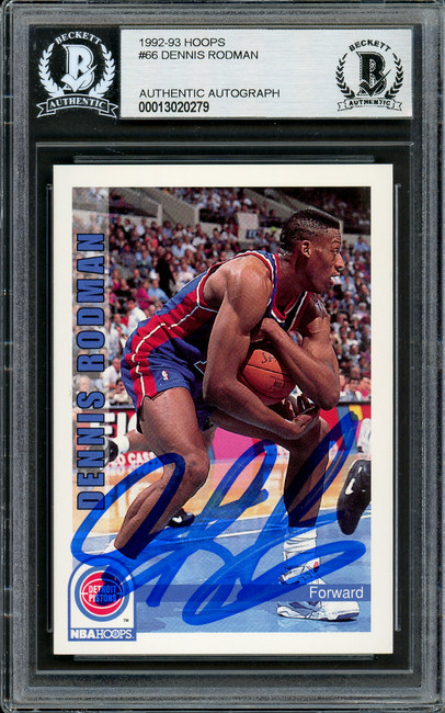 Dennis Rodman Autographed 1992-93 Hoops Card #66 Detroit Pistons Beckett BAS #13020279