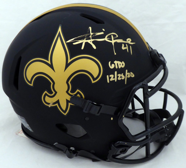 Alvin Kamara Autographed New Orleans Saints Eclipse Black Full Size Authentic Speed Helmet "6 TD's 12/25/20" (Light Auto) Beckett BAS QR #WJ58535