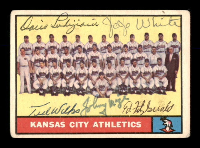 Johnny Mize, Ted Wilks, Jo Jo White, Dario Lodigiani & Ed Fitz Gerald Autographed 1961 Topps Team Card #297 Kansas City A's All 5 coaches SKU #197915