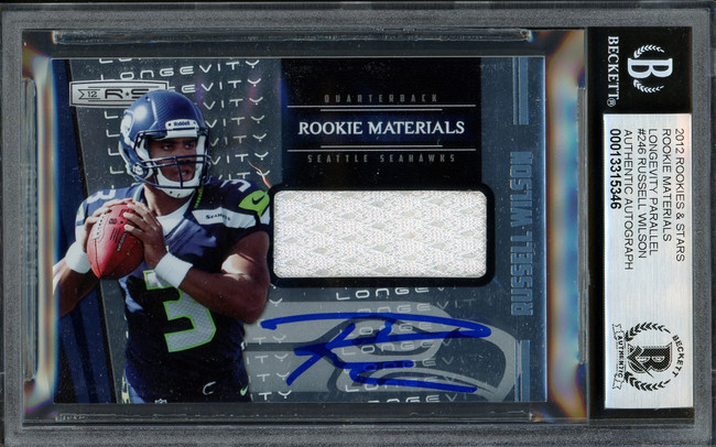 Russell Wilson Autographed 2012 Panini Rookie Stars Longevity Materials Rookie Card #246 Seattle Seahawks Auto Grade Gem Mint 10 #140/249 Beckett BAS #13315346