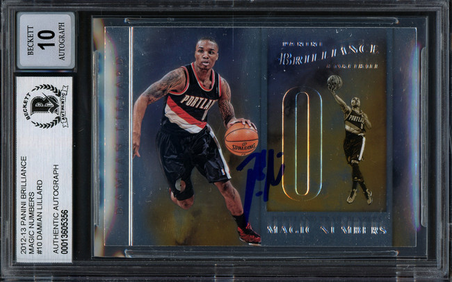 Damian Lillard Autographed 2012-13 Panini Brilliance Magic Numbers Rookie Card #10 Portland Trail Blazers Auto Grade Gem Mint 10 Beckett BAS #13605356