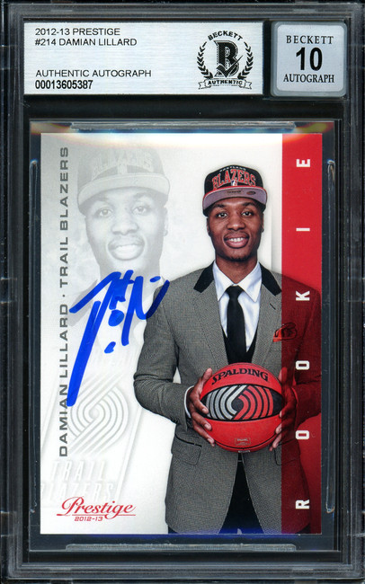 Damian Lillard Autographed 2012-13 Panini Prestige Rookie Card #214 Portland Trail Blazers Auto Grade Gem Mint 10 Beckett BAS #13605387