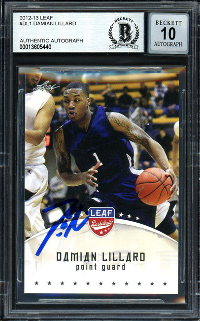 Damian Lillard Autographed 2012-13 Leaf Rookie Card #DL1 Portland Trail Blazers Auto Grade Gem Mint 10 Beckett BAS #13605440