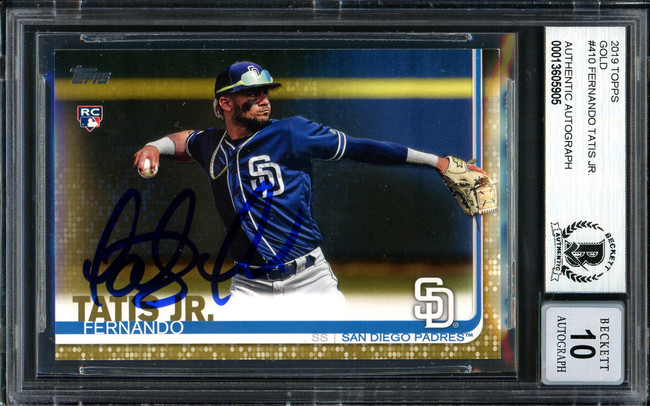 Fernando Tatis Jr. Autographed 2019 Topps Gold Rookie Card #410 San Diego Padres Auto Grade Gem Mint 10 #211/2019 Beckett BAS #13605905