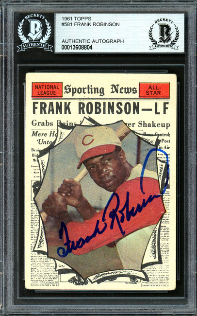 Frank Robinson Autographed 1961 Topps Card #581 Cincinnati Reds All-Star Beckett BAS #13608804 Frank Robinson Autographed 1961 Topps Card #581 Cincinnati Reds All-Star Beckett BAS #13608804