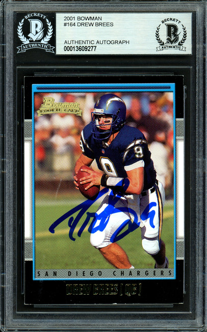 Drew Brees Autographed 2001 Bowman Rookie Card #164 San Diego Chargers Beckett BAS #13609277