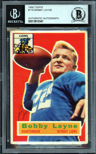 Bobby Layne Autographed 1956 Topps Card #116 Detroit Lions Beckett BAS #13610341
