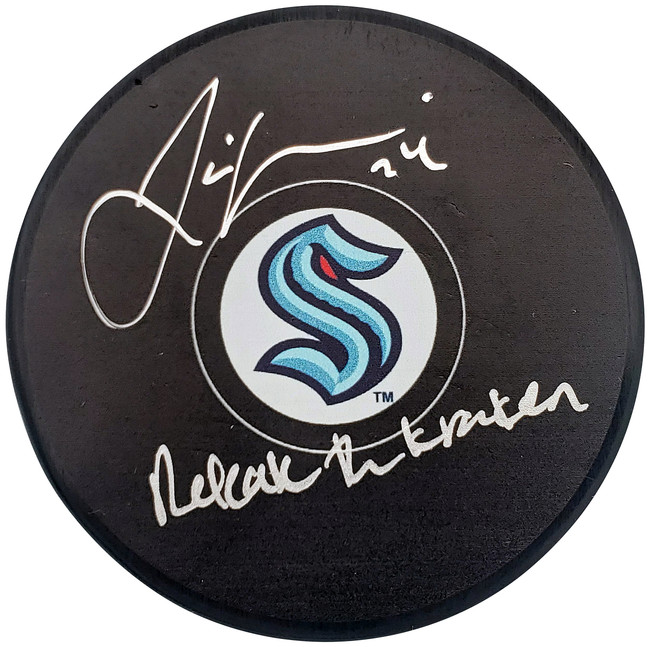 Jamie Oleksiak Autographed Official Seattle Kraken Logo Hockey Puck "Release the Kraken" Fanatics Holo Stock #200859