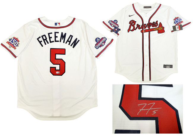 Atlanta Braves Freddie Freeman Autographed White Nike Jersey World Series Patch Size L Beckett BAS QR Stock #200885