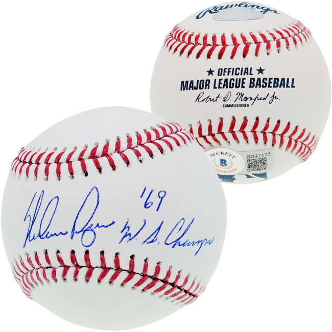 Nolan Ryan Autographed Official MLB Baseball Texas Rangers "69 WS Champs" Beckett BAS Stock #201277