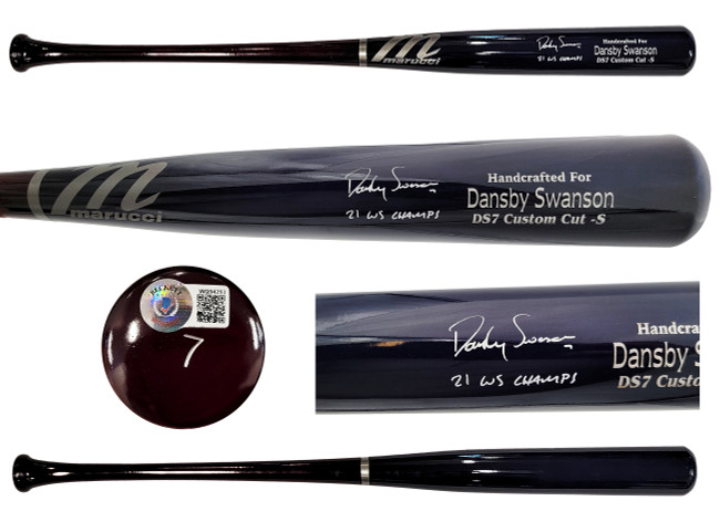 Dansby Swanson Autographed Blue & Brown Marucci Game Model Bat Atlanta Braves "21 WS Champs" Beckett BAS QR Stock #201707